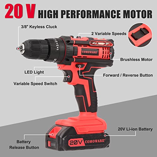 Comoware 20V Cordless Drill, Electric Power Drill Set With 1 Battery & Charger, 3/8” Keyless Chuck, 2 Variable Speed, 266 In-Lb Torque, 25+1 Position And 34Pcs Drill/Driver Bits, Red #TOP1