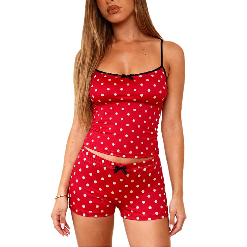 Image of Womens Y2K Cute Print Cami Pajama Sets Lace Trim V Neck Tank Top Shorts Set Bow Heart Print 2 Piece Sleepwear