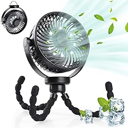 Lampara Ventilador Recargable Hianjoo Ventilador para Cochecito con Luz LED, 5200 mAh Ventilador de Escritorio Silencioso para Acampar con Gancho, Rotación de 360° Recargable Portátil Ventilador de Refrigeración Potente, Negro