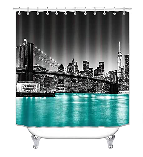 Jayden Madge 4Pcs/Set Brooklyn Bridge Fabric Shower Curtain, Fantasy Modern City Famous Building Night View New York Landscape Art Bathroom Decor, Non-Slip Bath Rugs Soft Toilet Mat, Teal East River #TOP1