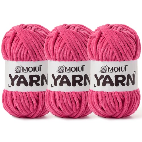 Image of 3 Pack Fluffy Chenille Yarn for Crocheting, Chunky Velvet Yarns for Crochet Amigurumi, Baby Yarn for Crocheting Soft Blanket, 262.4yds /10.5 oz Bulky Yarns for Crafts /Hats /Shoes /Socks (3 Rose)