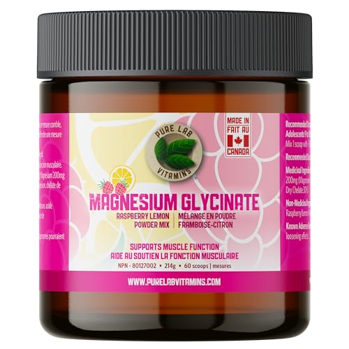 Pure Lab Vitamins - Magnesium Glycinate Raspberry Lemon Powder Mix, 214g - Magnesium Supplement for Muscle Cramps, Relaxation Sleep Support, Healthy Bones and Teeth
