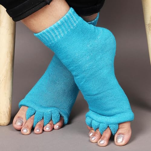 Image of Aegon Foot Alignment Socks Cotton | 5 Toe Separator | For Foot Pain Relief | Bunion Corrector | Hallux Valgus | Plantar Fasciitis | 1 Pair (Blue)