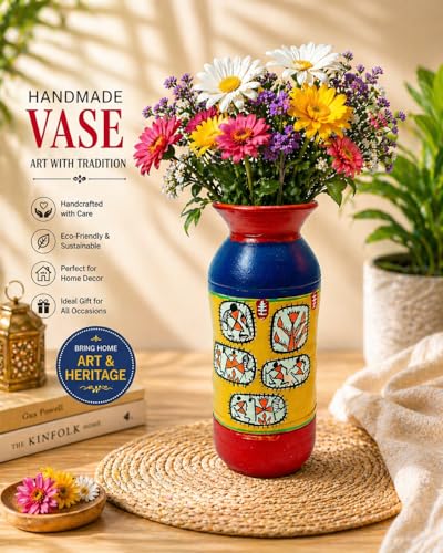 Image of Premium Handmade Terracotta Flower Vase | Handpainted Clay Home Decor Showpiece | Unique Gift Item | Artistic Handpainted Clay Pot for Living Room Decor & Gifting