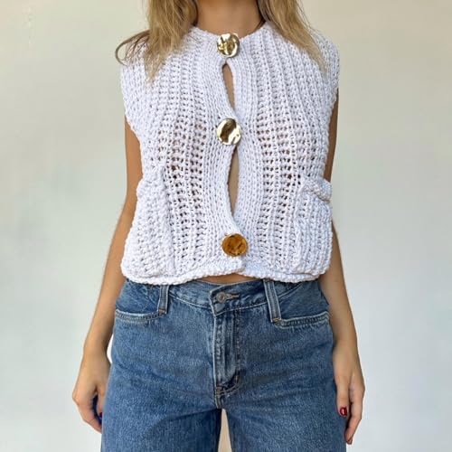 Image of UAURORAO Women Chunky Sweater Vest Button Down Crochet Cable Knit Cardigan Sleeveless Open Front Knitted Crop Waistcoat
