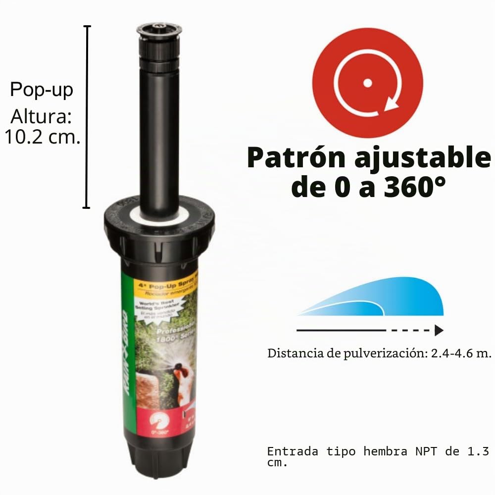 Rain Bird 1804AP4PK - Aspersor desplegable Profesional, patrón Ajustable de 0° a 360°, Distancia de pulverización de 8 a 15 pies, Altura emergente de 4 Pulgadas, Paquete de 4, Color Negro