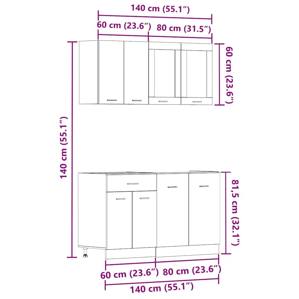 4-TLG. Küchenschrank-Set Lyon Artisan-Eiche Holzwerkstoff Einbauküche Küchenblock Hängeschrank Spülenunterschrank Schubunterschrank Hängeglasschrank