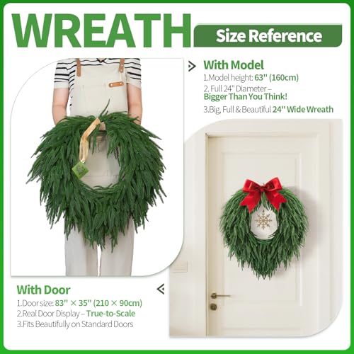 Image of 24 inch Norfolk Pine Christmas Wreath for Front Door - Large Artificial Greenery Wreath for Wall, Porch, or Indoor Outdoor Holiday Decor - Real Touch Pine Foliage (1, 24 inch)