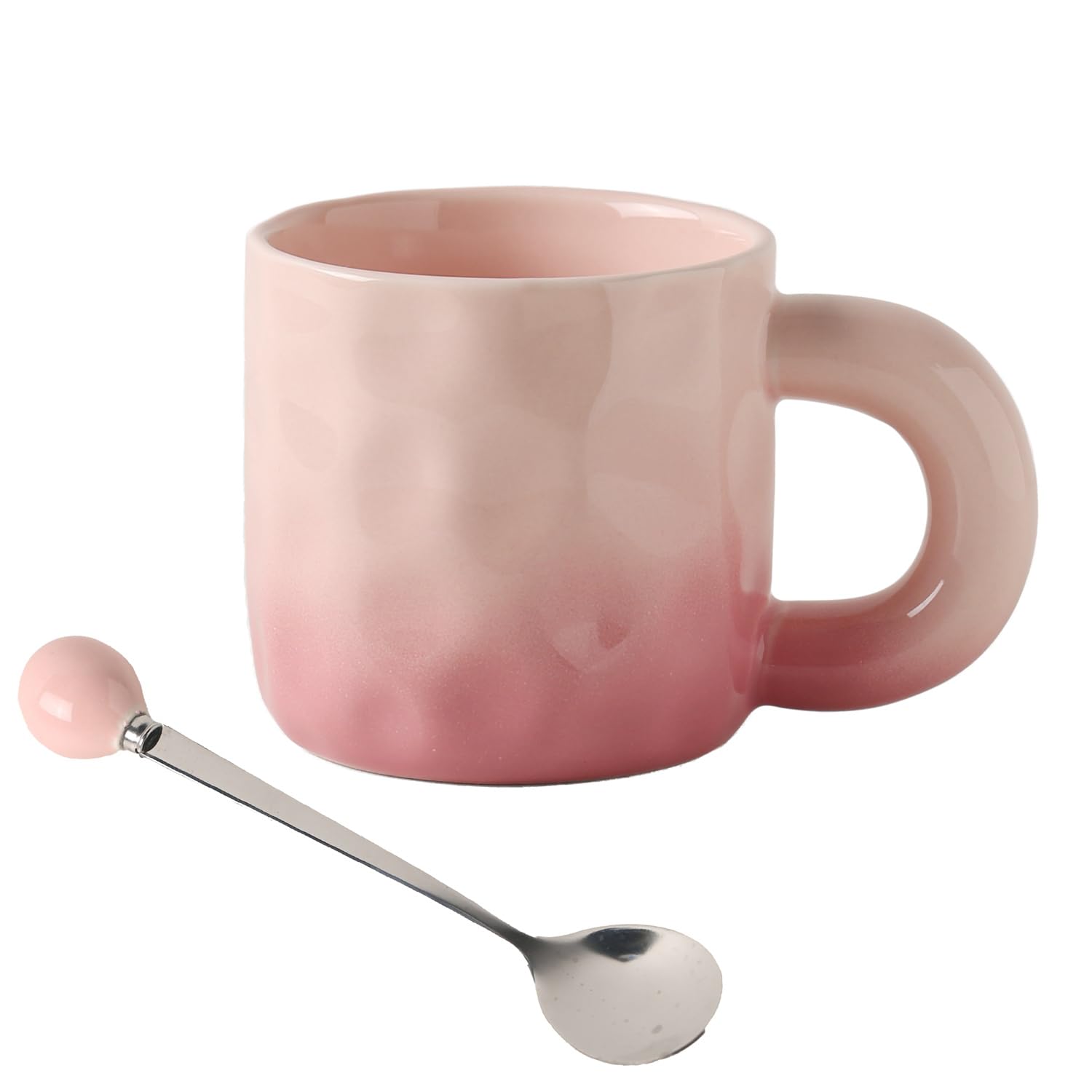 TREEWOO Creative Gradient Macaroon Color Ceramic Handmade Coffee Mug with Chubby Handle and Spoon Cute Breakfast Coffee Milk Cup for Family Friend (Pink)