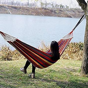 KRIDEZ Wooden Stick Swing with Whiter Rope Hammock Hanging Camping Canvas Fabric Portable Outdoor Garden Hammocks Striped Ultralight Beach Swing Bed with Strong Rope (Multicolor)-Pack 1