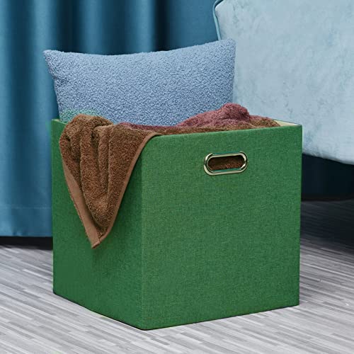 Fboxac Cube Storage Bins 13×13 Linen Foldable Box With Handles, Collapsible Organization Basket Set Of 4 Large Capacity Drawer For Closet Shelf Cabinet Bookcase Bedroom, Grass Green #TOP6