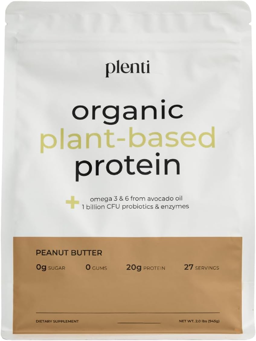 plenti Organic Plant-Based Protein Powder: Vanilla - 20g Pea Protein + Probiotics, Digestive Enzymes & Omega 3-6, Gut Friendly, Sugar Free, 27 Servings (2 lbs)