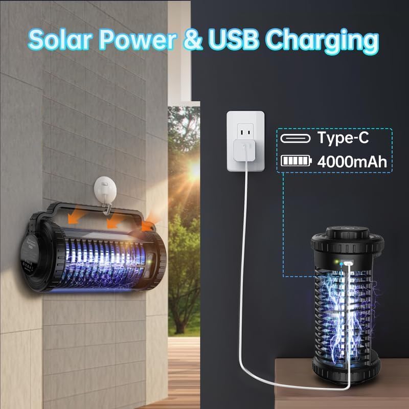Insetticida Elettrico Solare Con Luce UV, 4000V, Impermeabile IP65, Ricaricabile USB, Trappola Per Zanzare