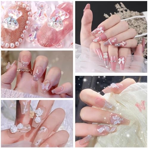 UICCVOKK Nail Charms, Nägel Charms, 3d Nagelanhänger,Steinchen für Nagel,2 Boxen Aurora Schmetterling Blume Illusion Diamanten Perlen Kette Glitzersteine Zubehör, Strasssteine Nägel mit Pinzette