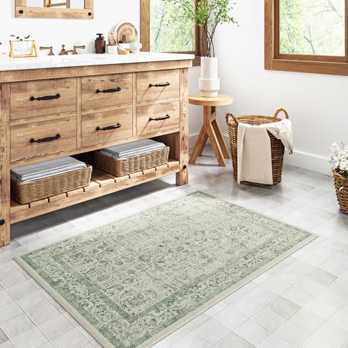 Sage Green Area Rug 2x3 Washable Vintage Distressed Entryway Carpet Non Slip Neutral Door Mat Low Pile Retro Floral Farmhouse Accent Throw Small Rug for Bathroom Laundry Kitchen Dining Room