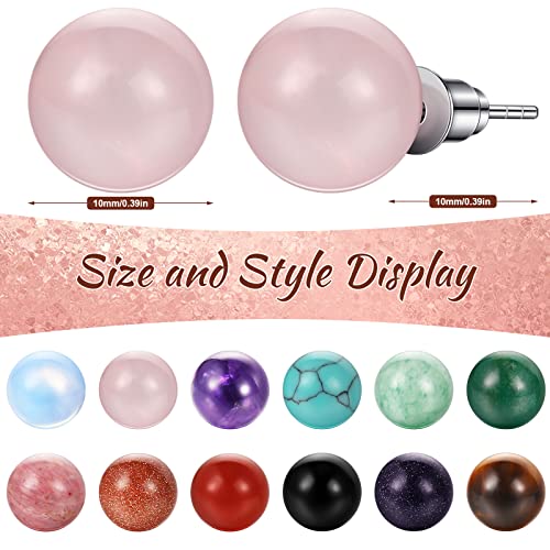 Laumoi 12 Pairs Natural Agate Stone Ball Studs Crystals Gemstone Amethyst Rose Quartz Earrings Studs Round Polished Earrings Jewelry for Women2