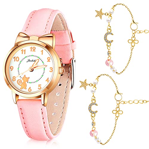 3 Pcs Montres à Quartz de Dessin Animé Enfant et Bracelet Étoile, Inclure Montre Fille à Motif de Chat Mignon Montre à Quartz en Cuir Décontractée 2 Pcs Bracelets de Chaîne de Charme Perlé