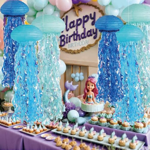 Image of 6 Pack Glowing Jellyfish Lanterns with Color LED, Hanging Jellyfish for Under The Sea Party, Mermaid Birthday Decorations, Ocean-Themed Decor, Jellyfish Decor with 36ft String