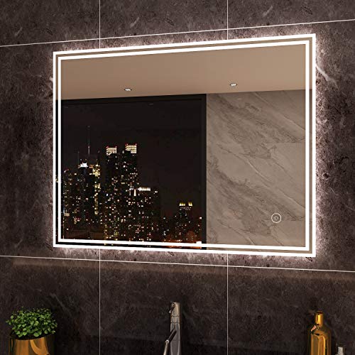 SIRHONA Miroir Lumineux Salle Bain 90x70 cm Miroir Tactile AVCE Anti-Buée Fonction avec éclairage Miroir Muraux Integrer Cover
