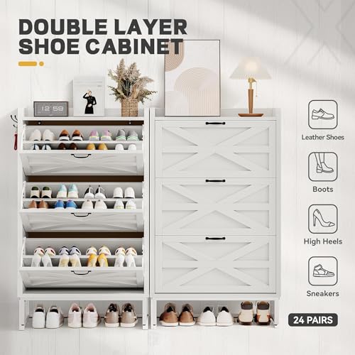 DWVO Farmhouse Shoe Storage Cabinet with 3 Flip Drawers, Slim Shoe Cabinet for Up to 24 Pairs, Narrow Shoe Rack for Entryway, Living Room, Hallway (Pure White)
