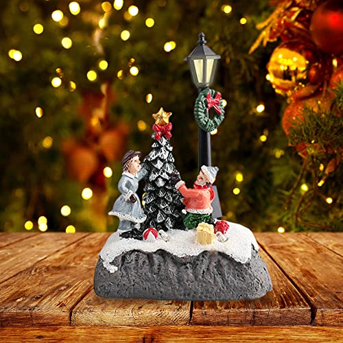 Christmas Village Set Ornaments, Resin LED Warm Light Tree Figurines, Mini Snowman House Gift Set, Collectible Building (B) - Image 3