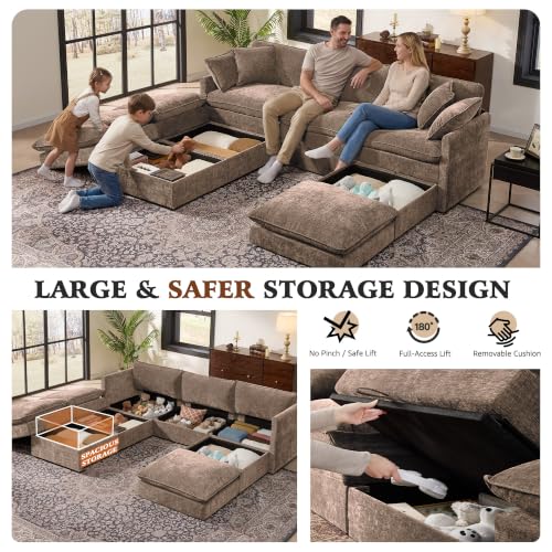 Image of Ihanherry Oversized Sectional Sofa Bed with Storage, 103 inch 6-Seater Modular Cloud Couch with Movable Ottomans, Chenille Deep Seat Sleeper Couches for Living Room (Brown)