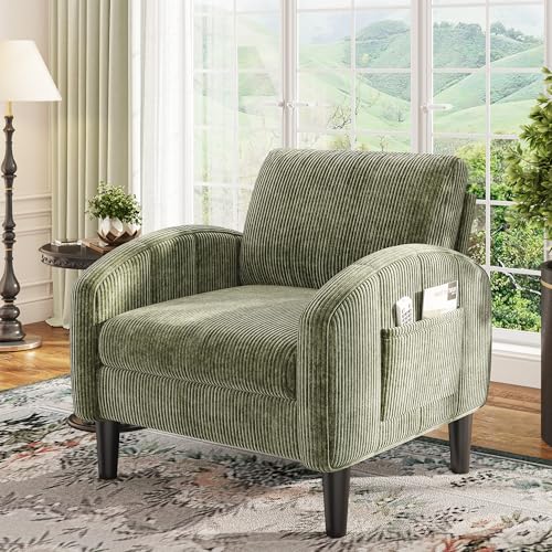 Homkdom Accent Chair for Living Room,Mid Century Modern Reading Chair for Bedroom,Comfy Armchair with 2 Side Pockets,Upholstered Single Sofa Side Chair for Apartment,Waiting Room,Green