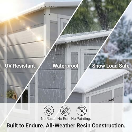Image of Devoko 5x4 FT Plastic Storage Shed with Floor, Waterproof Resin Outdoor Tool Shed with Lockable Door, Outside Garden Shed for Backyard Patio Lawn, Light Grey