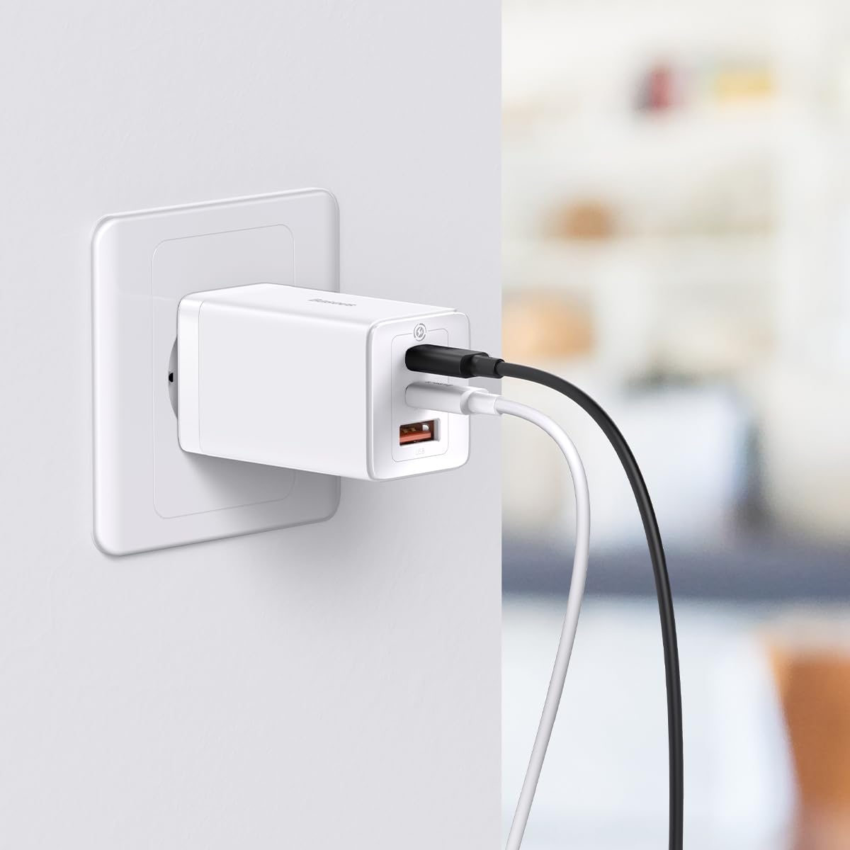 Baseus Travel Charger GaN5 Pro Fast Wall Charger, C+C+U, QC, AFC, PD 65W with Type-C to Type-C (100W) 1m, White EU (CCGP120202)