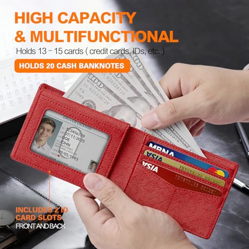 Image of Wallet for Men Slim RFID Blocking Bifold Carbon Fiber,Minimalist Small Compact Front Pocket Credit Card Holder,Thin Mens Leather Wallets Smart Security With 2 ID windows 1 Cash (Cross Red)