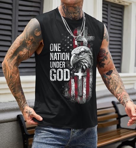 Mainfini Man's Independence Day Black Eagle Cross All Over Design Tank Top 210 GSM Cotton Feel God Bless America BBQ Fireworks Casual Wear Black L by Mainfini - Used condition - US$17.74