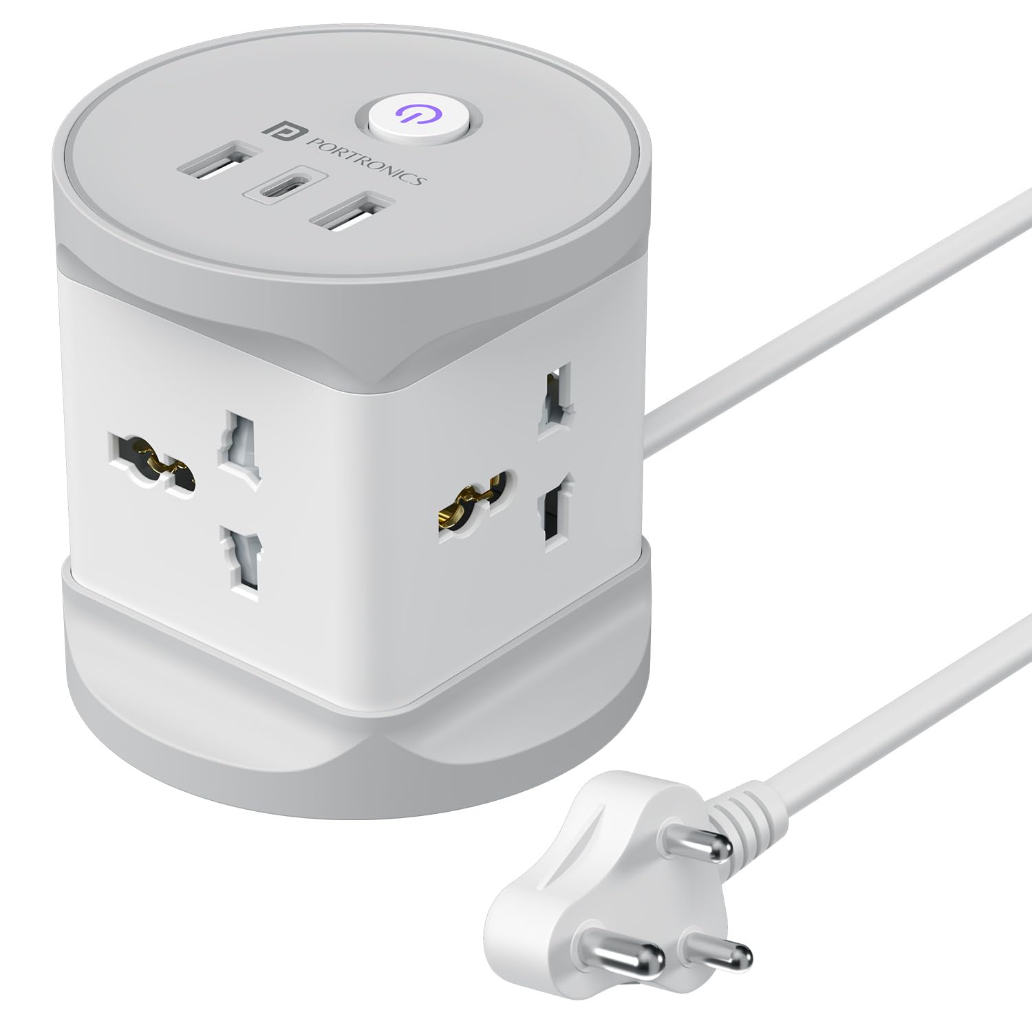 Portronics Power Plate 9 Pro, 2500W 7-in-1 Desktop Charging Station with 4X Universal Sockets, 2X USB-A & Type-C Port, Space-Saving Power Extender, 2M Cord, Power Switch, Child Proof Shutters (White)