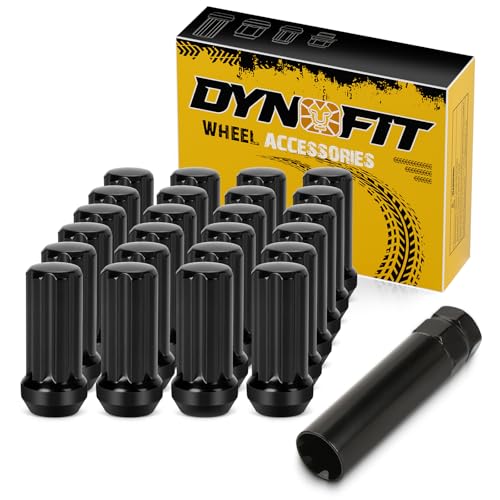 Dynofit 14x1.5 Spline Lug Nuts Compatible with Chevy Silverado 1500 GMC Sierra Ford Aftermarket Wheel Lug Nuts Set for F150 2015-2024 24PCS Black Truck Nuts Sets Include 1 Socket Key for Fuel Wheel
