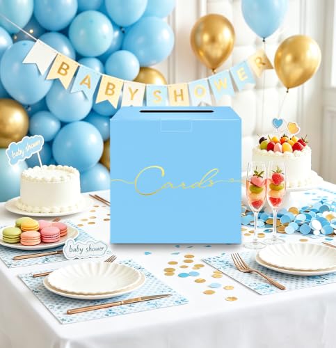 Image of HEIPINIUYE Light Blue Wedding Card Box with Gold Foil 9.8 inch x 9.8 inch Blue Large Gift Card Box for Party Wedding Reception Graduation Birthday Baby Shower Cardboard Raffle Envelope Box with Slot