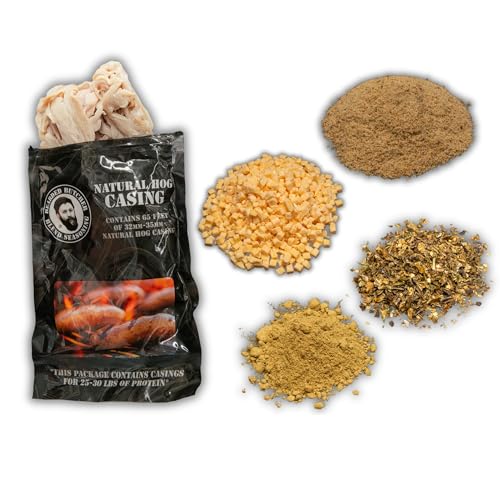 Bearded Butchers Jalapeño Cheddar Bratwurst DIY Kit – Spicy Savory Brats – Includes Bratwurst Seasoning, Jalapeño Flakes, Cheddar & 32mm-35mm Natural Hog Casings – Makes Up to 25 lbs Meat