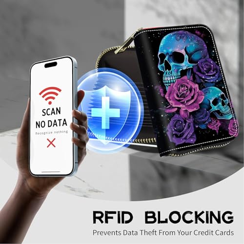Image of Cute Credit Card Holder with Zipper, Neon Sugar Skull RFID-Blocking Card Case Small Wallet for Women Men, Multi-slot Card Organizer Case Travel Accordion Wallet