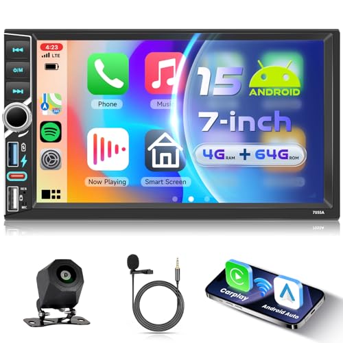 VECHTEL 4G+64G Android 15 Radio Coche Bluetooth con Carplay Android Auto Inalámbrico, Autoradio 2 DIN con IPS HD Pantalla Táctil 7 Pulgadas Soporte Bluetooth Radio FM RDS GPS Wi-Fi USB/Tipo-C Cámara