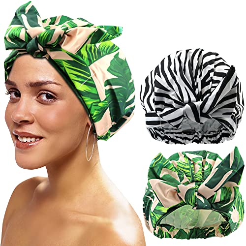 TCOTBE 2 Pieces Waterproof Shower Cap,Elastic Reusable Bathing Hair Cap Environmental Protection Hair Bath Caps, Bowknot Silky Satin Bath Hair Caps,Luxury Shower Cap for Women