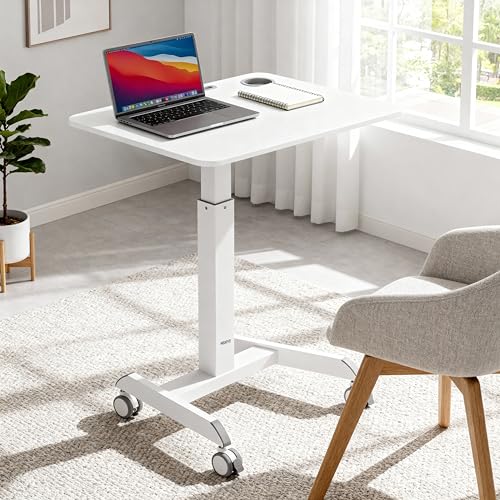 Image of Mount-It! Laptop Cart Rolling Desk Adjustable Height with 28.5 inch x 22 inch Tabletop, Ergonomic Sit-Stand Workstation on Wheels Portable for Home Office, Dorm, Classroom, White