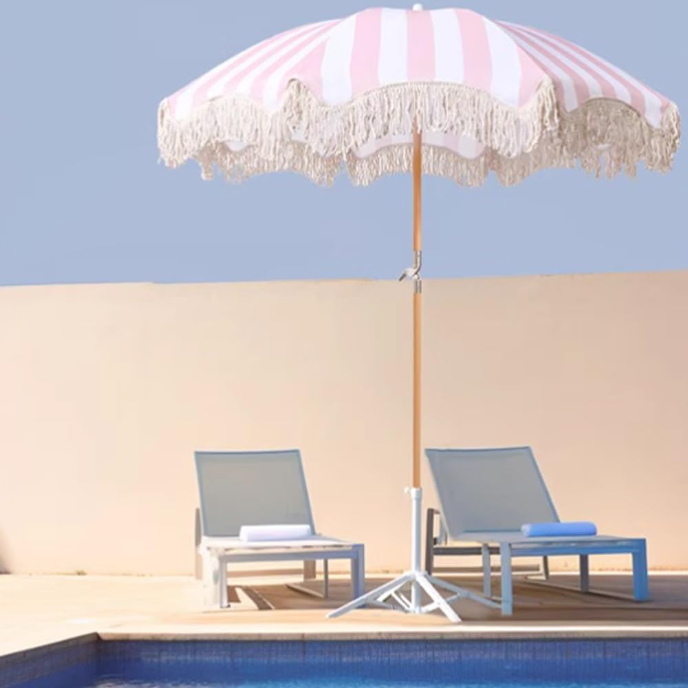 Sombrilla de playa de 6.5 pies con borlas blancas, sombrilla bohemia para patio, piscina al aire libre, jardín, mercado, inclinación de 180°
