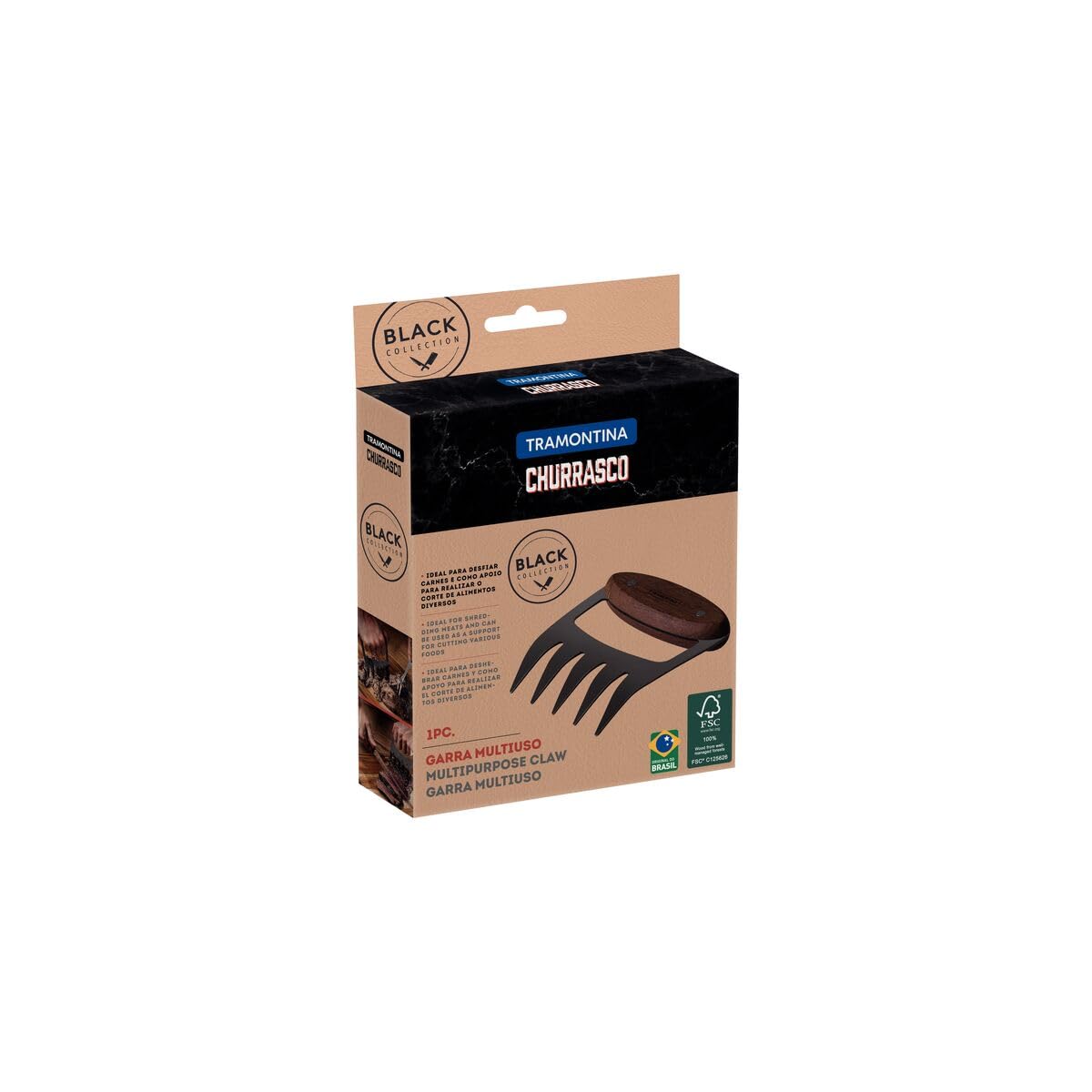 TRAMONTINA - Garra Multiuso Churrasco Black, con Lámina de Acero Inoxidable Oscurecido, Mango de Madera, Cubierto para Desmechar Carne y Cortar Alimentos, Tamaño 12,1 x 13 x 3,7 cm