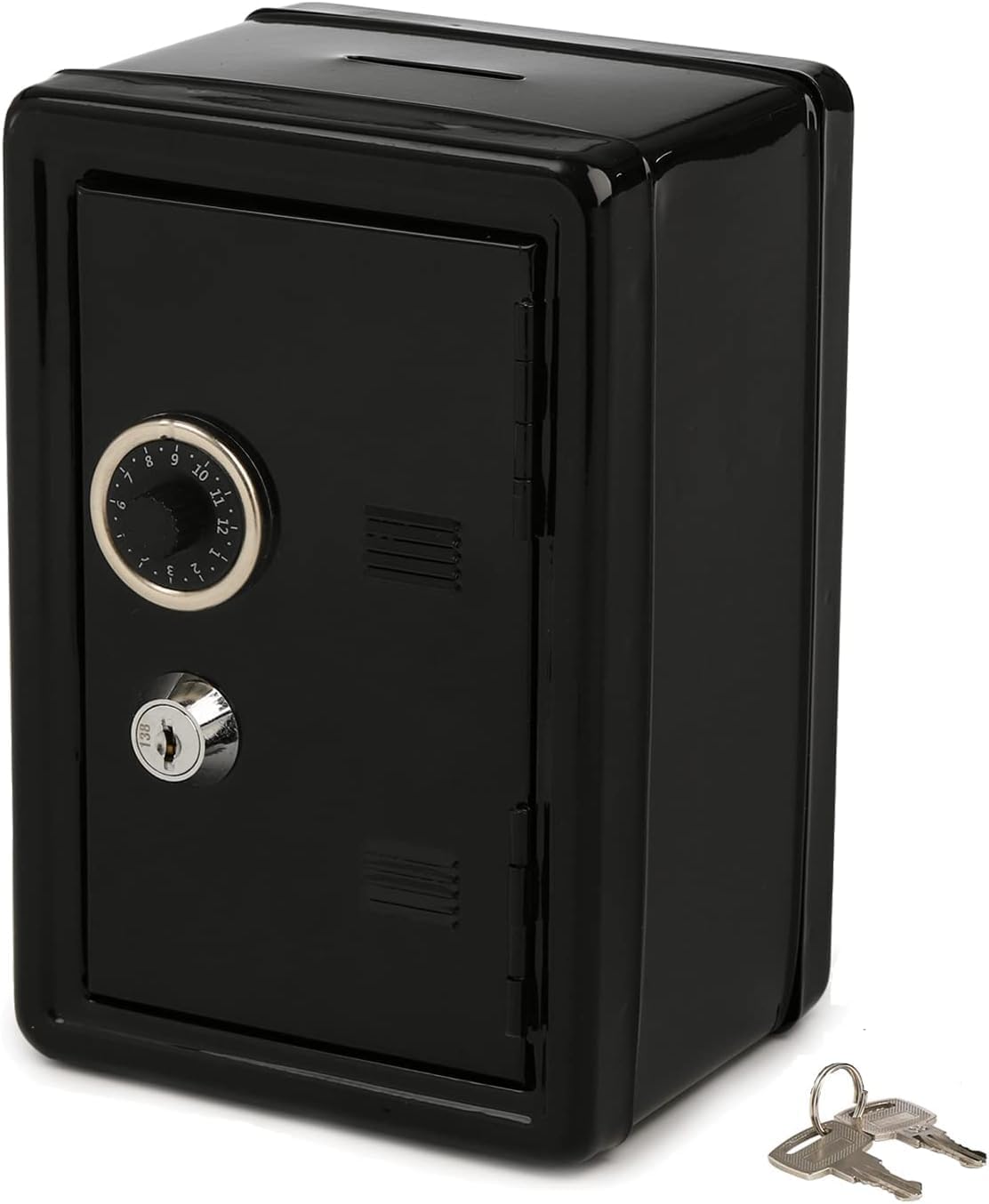 Frcctre Kids Safe Bank, Money Box with Coin Tray, Mini Locker Small Safe Storage Box Piggy Bank with Combination Lock and Key, 7" H x 4.7" Lx 3.9" W, Black (Pack of 2)