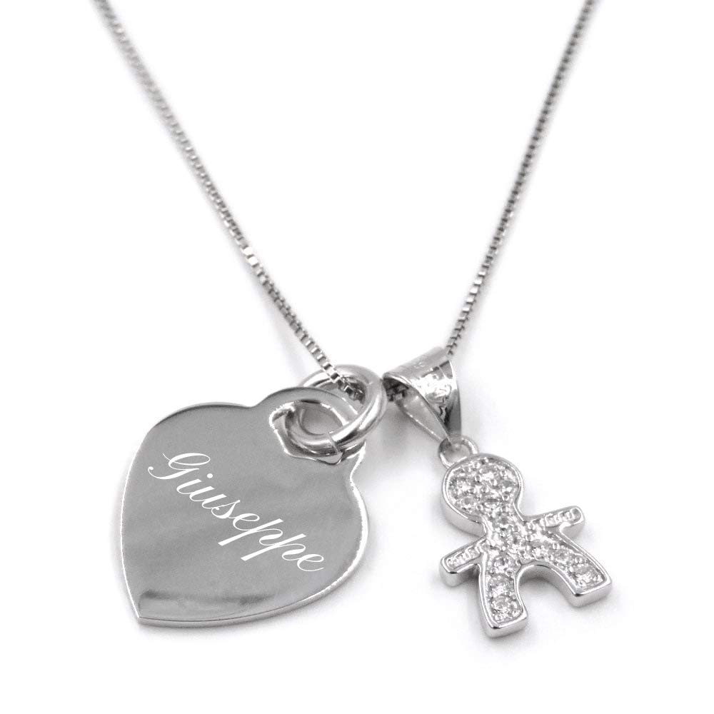 Collana Bebè Boy in Argento 925 e Zirconia Bianca con Medaglietta Cuore Personalizzabile con il nome del tuo Bambino