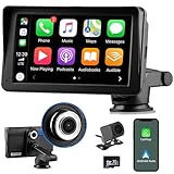Portable Car Stereo with Wireless Apple Carplay & Android Auto, 7 Inch Touchscreen Car Radio with 2K Dash Cam, 1080P Backup Camera, Bluetooth, FM, Mirror Link, AUX Cable, 32G TF Card