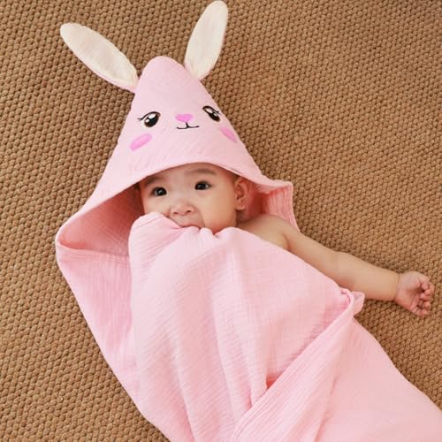 Image of FIOBEE Hooded Baby Towels 100% Muslin Baby Bath Towels for Newborn with Animal Design Ultra-Soft and Absorbent Bath Essentials for Toddler, Unisex Girls Boys 30 x 30 inch, Pink Bunny