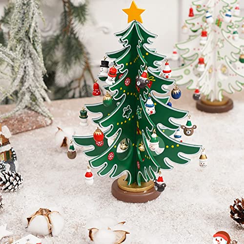 Adventskalender Mini Holz Künstliche Weihnachtsbäume mit 24 Anhänger Miniatur Tannenbaum Grün Mini Weihnachts Baum Klein Weihnachtsdeko für Tischdeko DIY Schaufenster Figuren (grün)