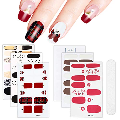 6 Sheets Full Nail Wraps Art Polish Stickers Decal Strips Adhesive False Nail Design Manicure Set With 1Pc Nail Buffers Files For Women Girls