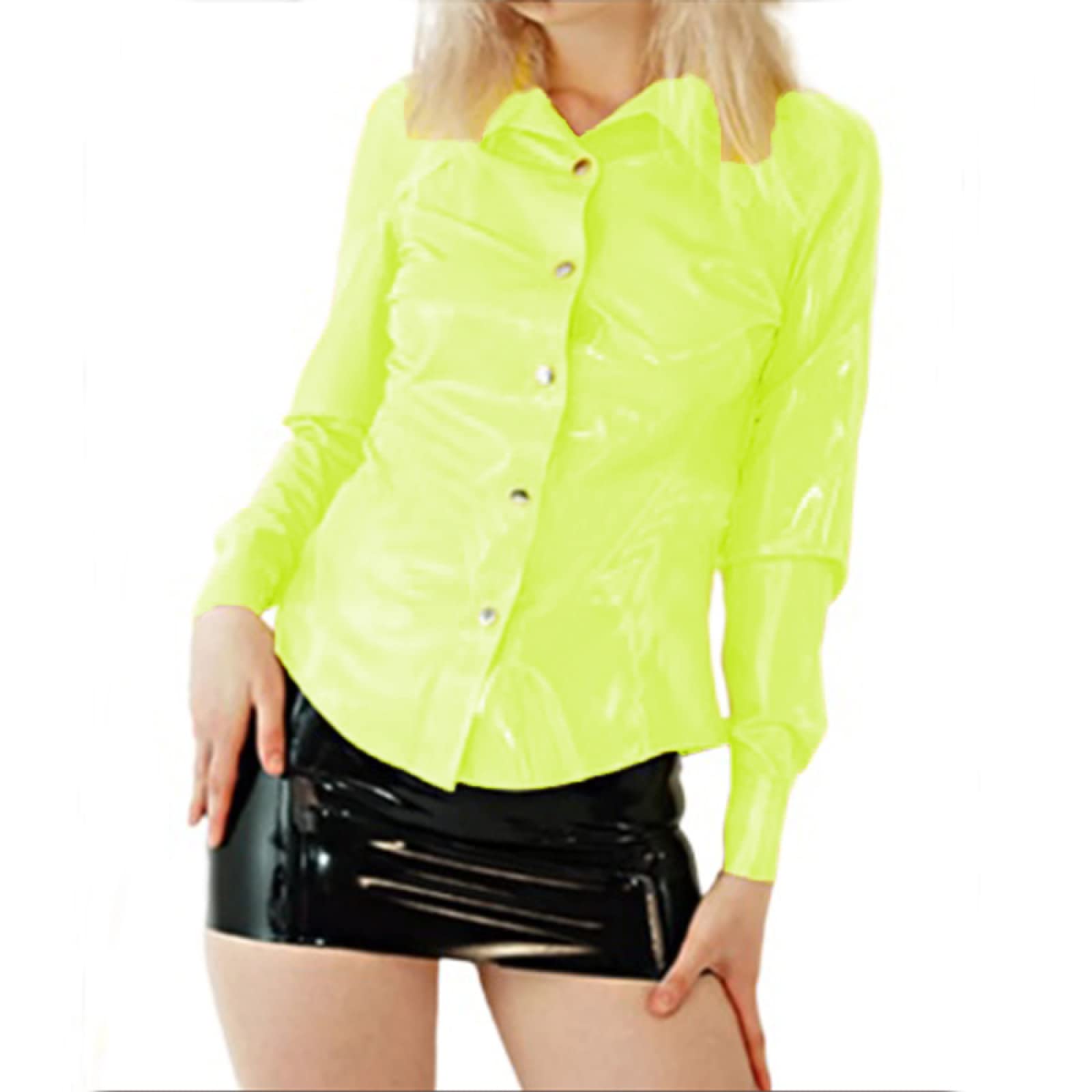 Blusa de manga larga de PVC para mujer, de oficina, de piel sintética, con botones, elástica, para otoño