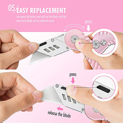 Fantasticar Folding Utility Knife, Box Cutter Plume Type Metal Body, With Safety Lock And 5-Piece Extra Blades (Pink) #TOP4