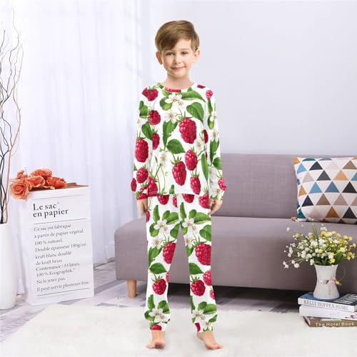 Raspberry Flower Leaf Pattern Soft Pajama Set for All Seasons,Breathable Pjs Long Sleeve Sleepwear,Comfy Loungewear 2 Piece Underwear Set 5T4